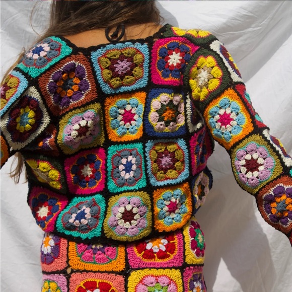 EUC Wild Orange Tree Crochet Granny Square Cardigan Sweater Boho - Picture 11 of 11